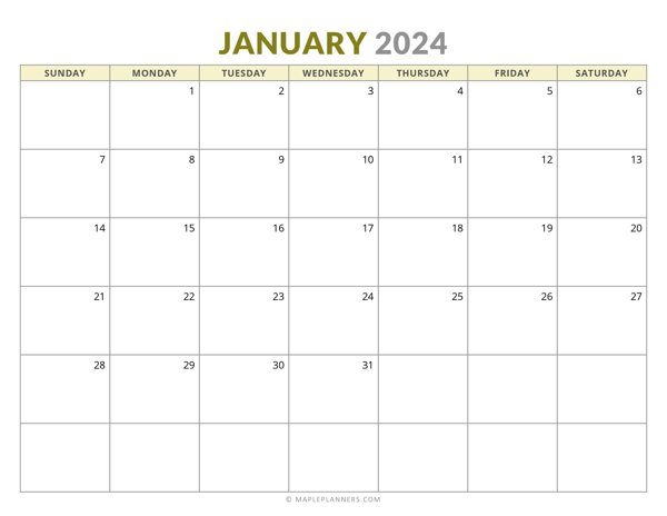 January 2024 Monthly Calendar (Sunday Start)