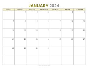 January 2024 Monthly Calendar (Sunday Start)