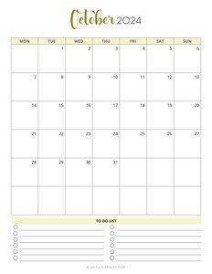 October 2024 Monthly Calendar Template - Monday Start