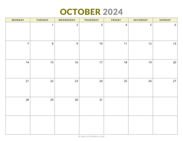 October 2024 Monthly Calendar (Monday Start)