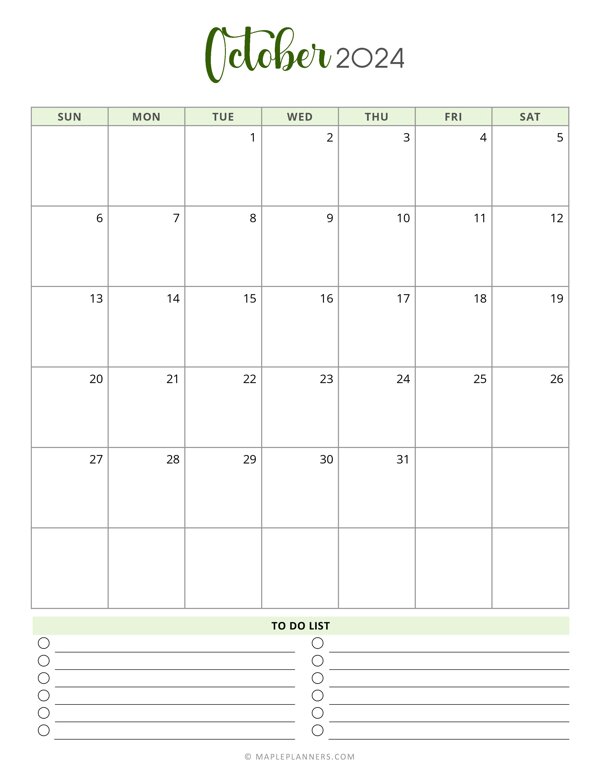 October 2024 Monthly Calendar (Vertical - Sunday Start)