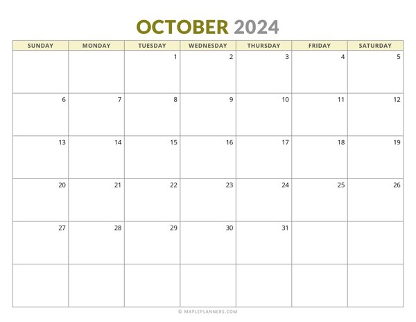 October 2024 Monthly Calendar (Sunday Start)