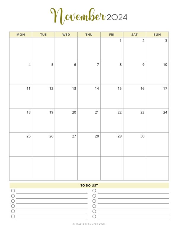 November 2024 Monthly Calendar Template - Monday Start