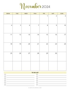 November 2024 Monthly Calendar Template - Monday Start
