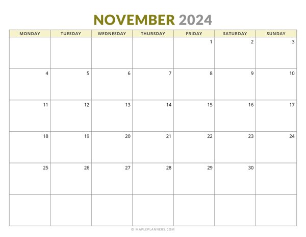 November 2024 Monthly Calendar (Monday Start)