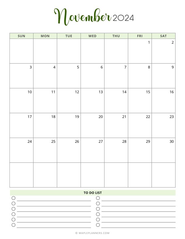 November 2024 Monthly Calendar (Vertical - Sunday Start)