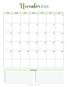 November 2024 Monthly Calendar (Vertical - Sunday Start)