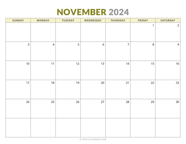 November 2024 Monthly Calendar (Sunday Start)