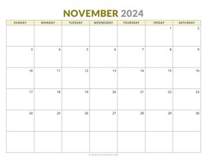 November 2024 Monthly Calendar (Sunday Start)