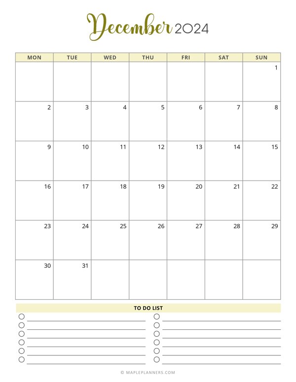 December 2024 Monthly Calendar Template - Monday Start