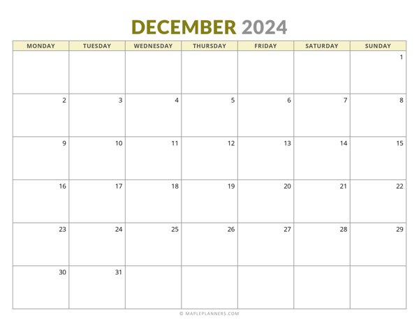 December 2024 Monthly Calendar (Monday Start)