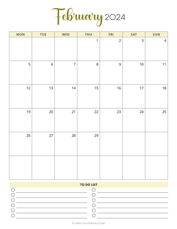 February 2024 Monthly Calendar Template - Monday Start