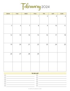 February 2024 Monthly Calendar Template - Monday Start