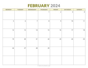February 2024 Monthly Calendar (Monday Start)