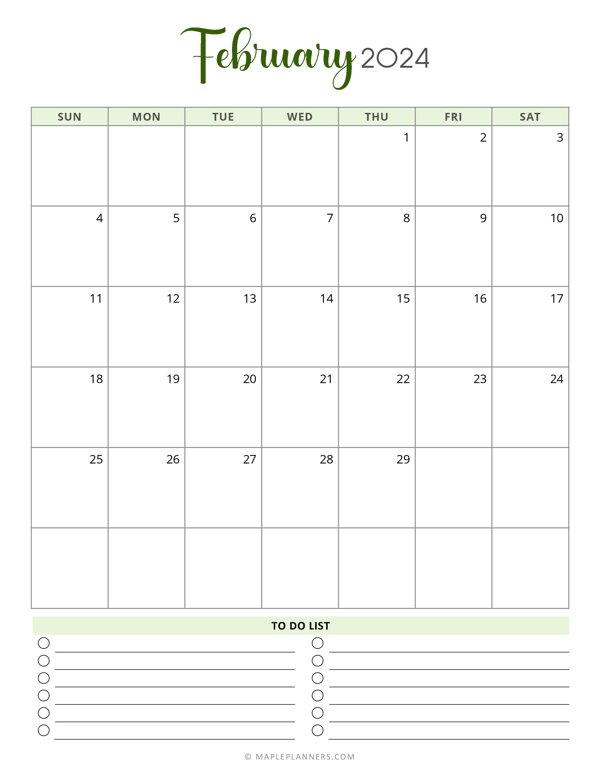 February 2024 Monthly Calendar (Vertical - Sunday Start)