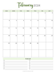 February 2024 Monthly Calendar (Vertical - Sunday Start)