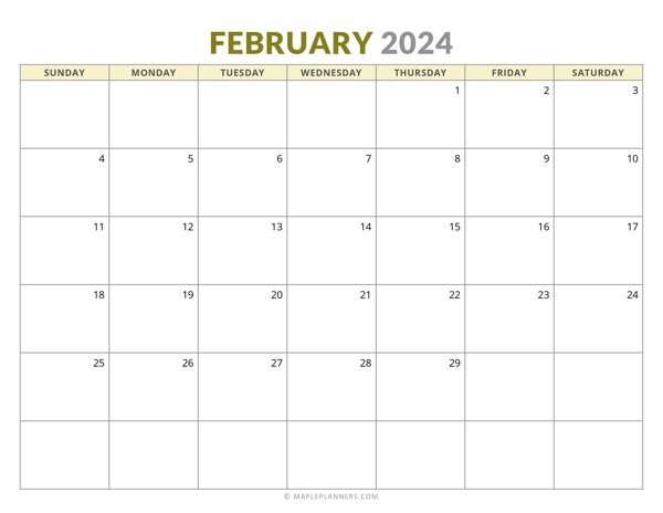 February 2024 Monthly Calendar (Sunday Start)