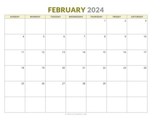 February 2024 Monthly Calendar (Sunday Start)