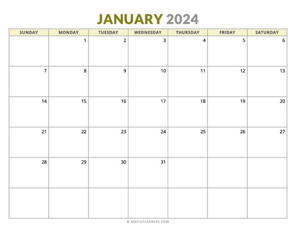 Monthly Calendar 2024 - Horizontal - Sunday Start
