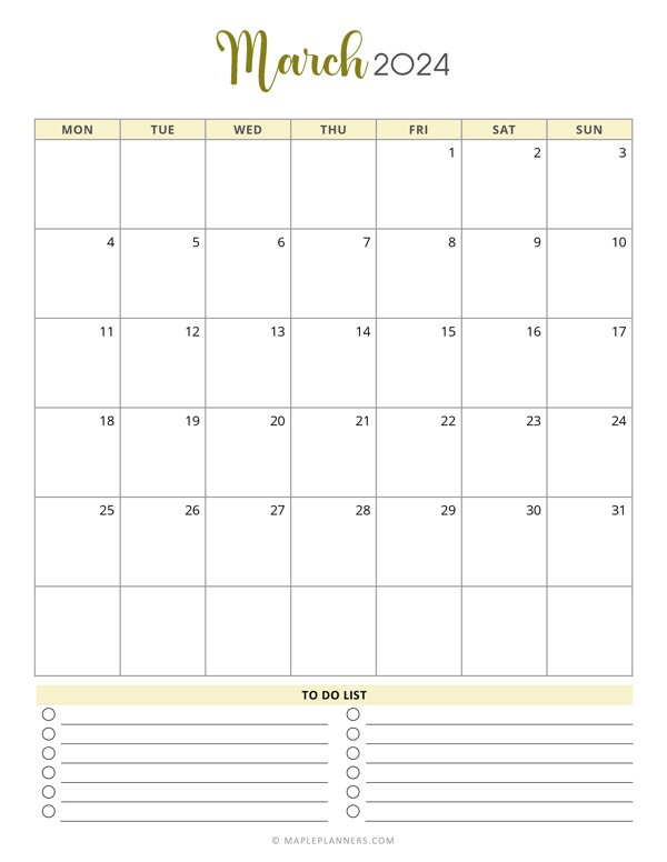 March 2024 Monthly Calendar Template - Monday Start