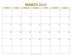 March 2024 Monthly Calendar (Monday Start)