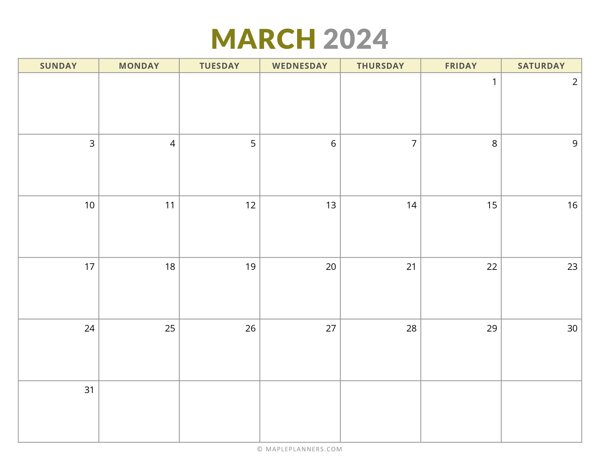 March 2024 Monthly Calendar (Sunday Start)