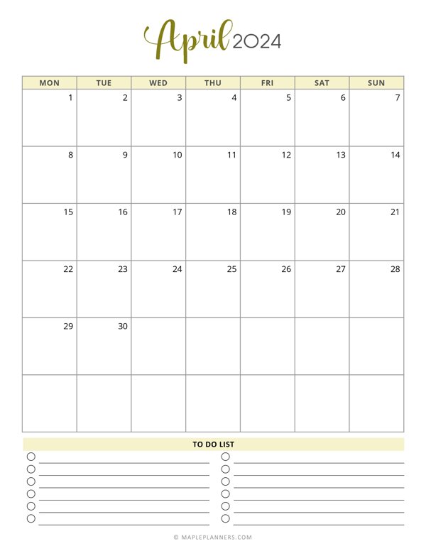 April 2024 Monthly Calendar Template - Monday Start