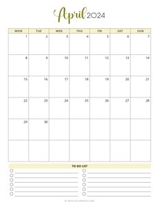 April 2024 Monthly Calendar Template - Monday Start