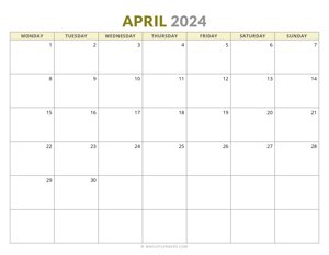 April 2024 Monthly Calendar (Monday Start)