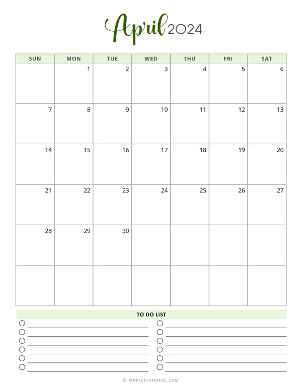 April 2024 Monthly Calendar (Vertical - Sunday Start)
