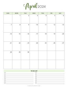 April 2024 Monthly Calendar (Vertical - Sunday Start)