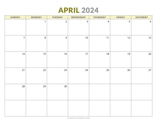 April 2024 Monthly Calendar (Sunday Start)