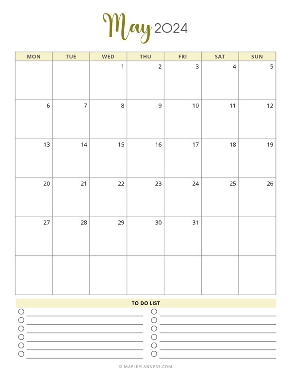 May 2024 Monthly Calendar Template - Monday Start