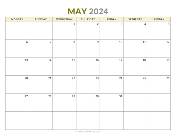 May 2024 Monthly Calendar (Monday Start)