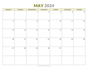 May 2024 Monthly Calendar (Monday Start)
