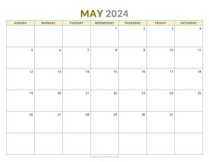 May 2024 Monthly Calendar (Sunday Start)