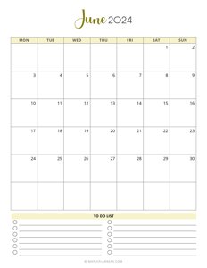 June 2024 Monthly Calendar Template - Monday Start