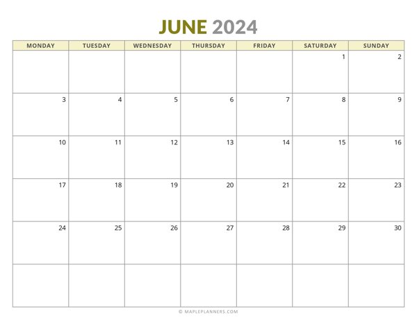 June 2024 Monthly Calendar (Monday Start)