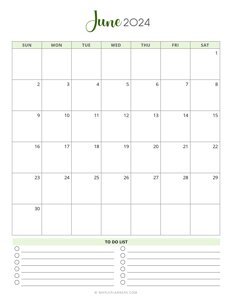 June 2024 Monthly Calendar (Vertical - Sunday Start)
