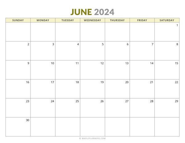 June 2024 Monthly Calendar (Sunday Start)