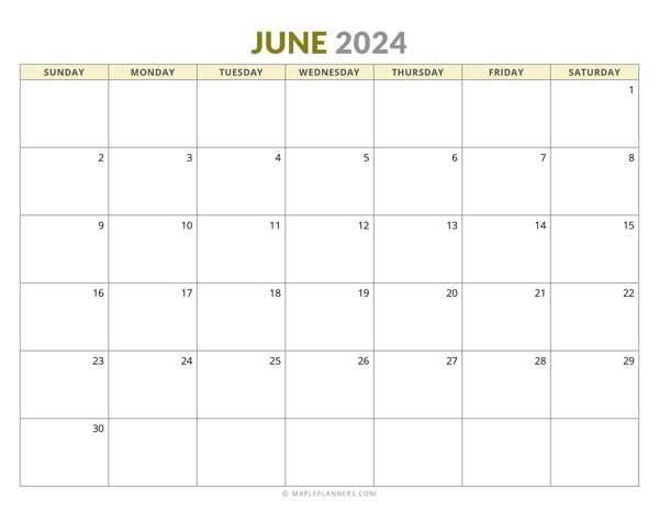 June 2024 Monthly Calendar Printable