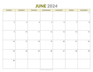 June 2024 Monthly Calendar (Sunday Start)