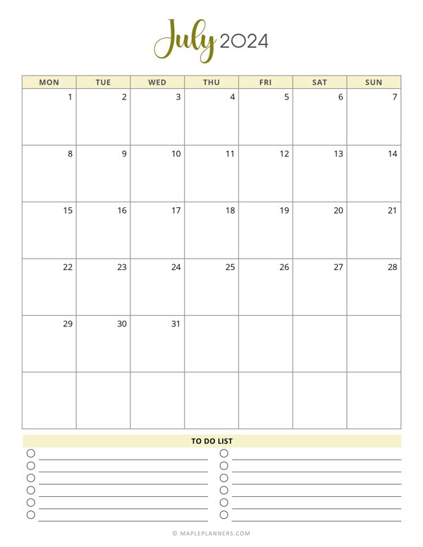 July 2024 Monthly Calendar Template - Monday Start