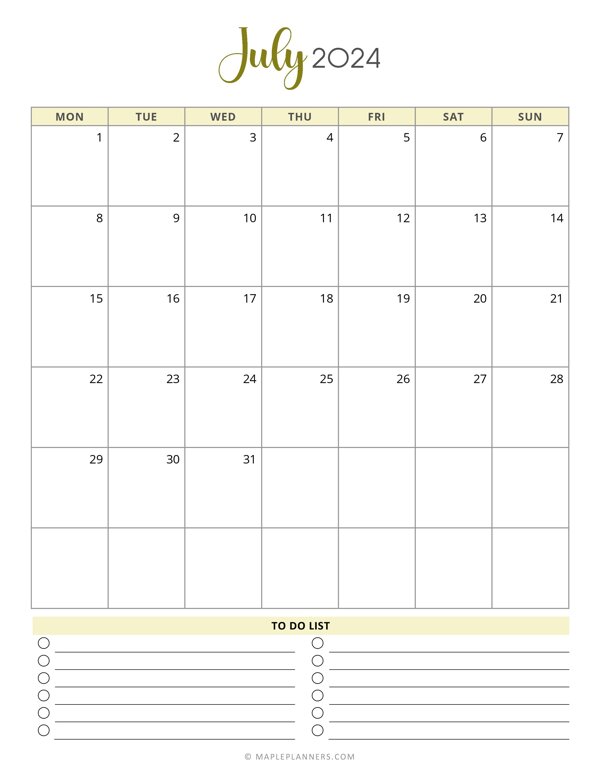 July 2025 Monthly Calendar Template Monday Start