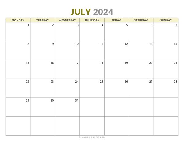 July 2024 Monthly Calendar (Monday Start)