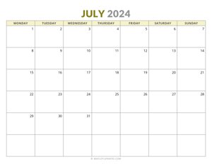 July 2024 Monthly Calendar (Monday Start)