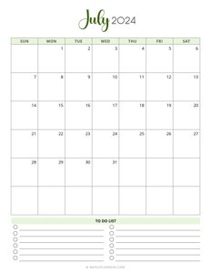 July 2024 Monthly Calendar (Vertical - Sunday Start)