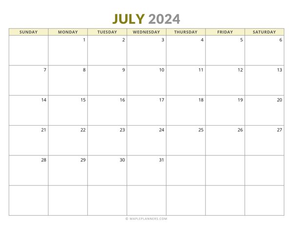 July 2024 Monthly Calendar (Sunday Start)