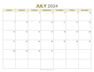July 2024 Monthly Calendar (Sunday Start)