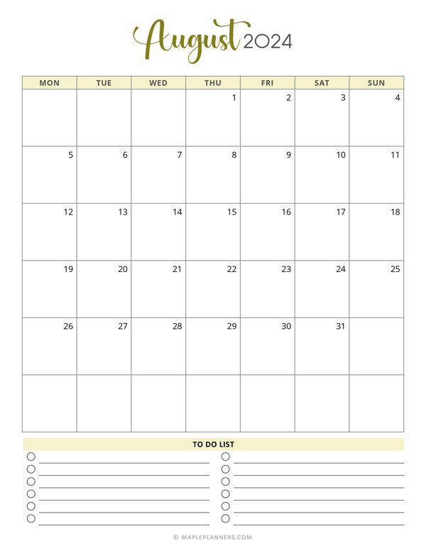 August 2024 Monthly Calendar Template - Monday Start
